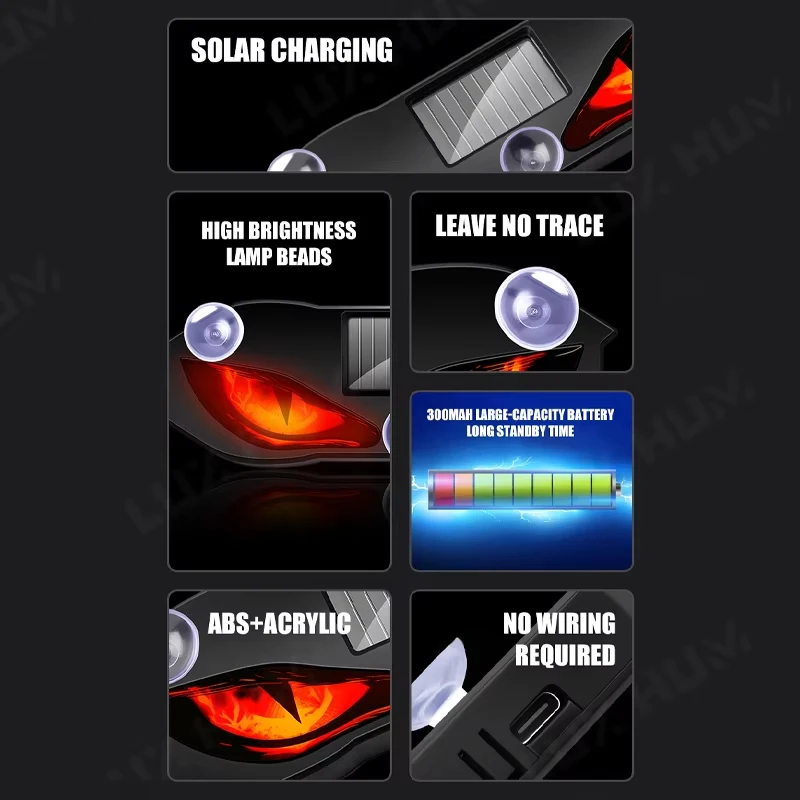 Luce Solare Universale per Auto a Forma di Occhio di Demone, Luce di Segnalazione Dinamica Lampeggiante, Accessori per Veicoli - immagine 3