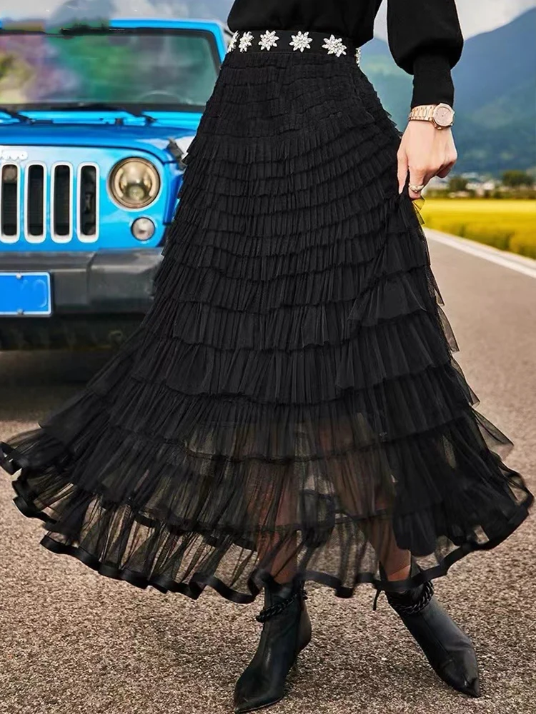 

Retro laminated ruffled solid color A-shaped skirt elastic high waist sweet spring and summer skirt women's gauze pleated skirt