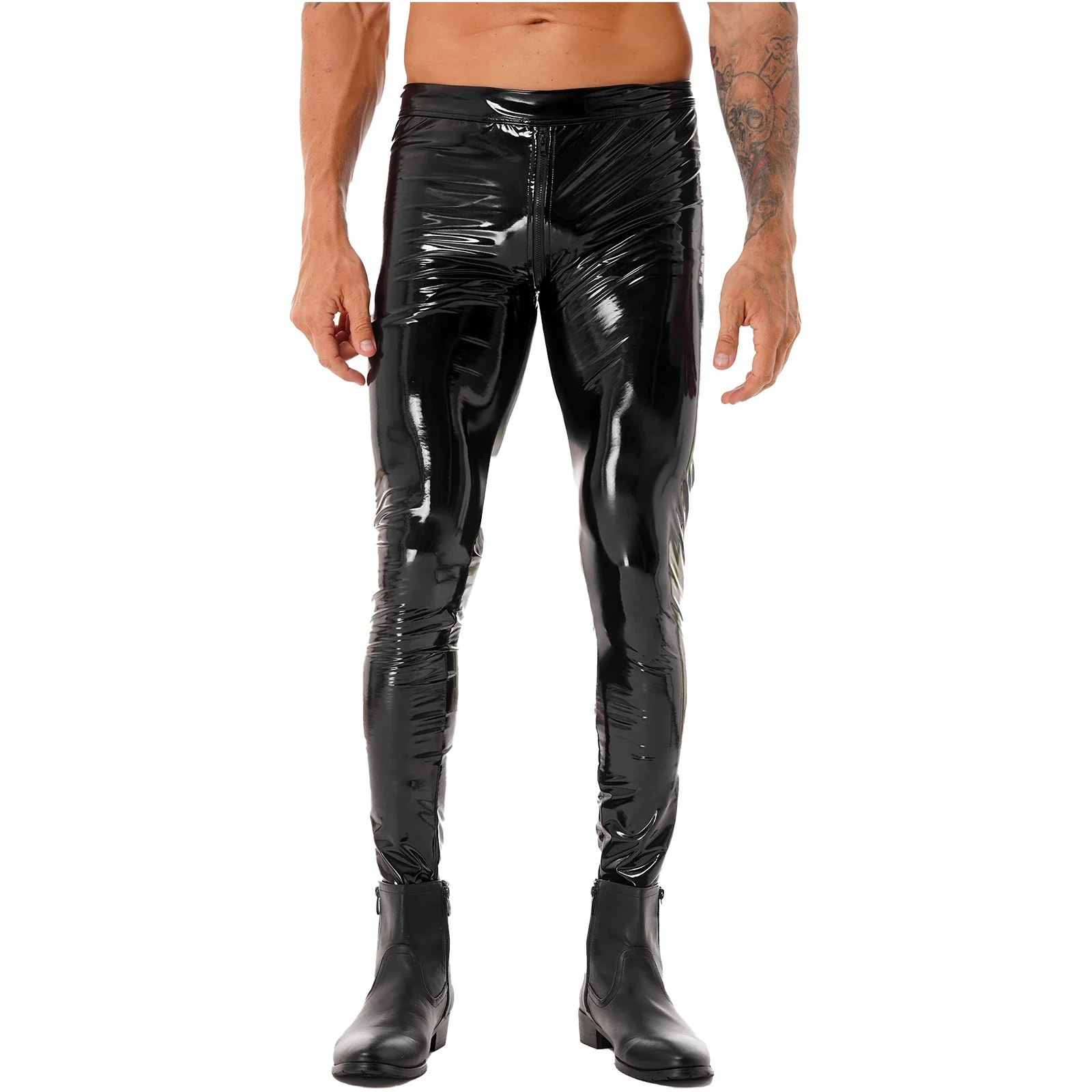 Mens Zipper Crotch Skinny Trousers Clubwear Patent Leather Moto Biker Skinny Pants Leggings Motorcycling Party Tights Pants
