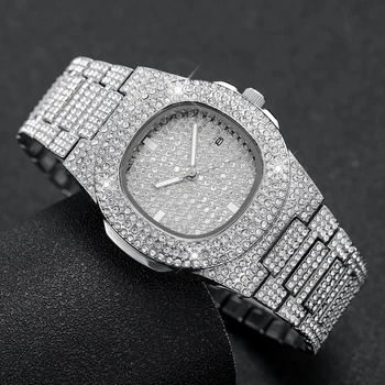 Luxury Full Diamond Men's Stainless Steel Watches Male Sports Quartz Wristwatch with Calendar 1