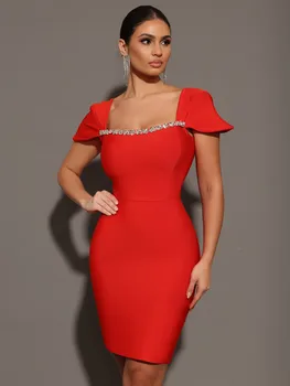 Women Celebrity Sexy Square Collar Black Red Mini Bodycon Bandage Dress 2024 Knitted Elegant Evening Club Party Outfit 2