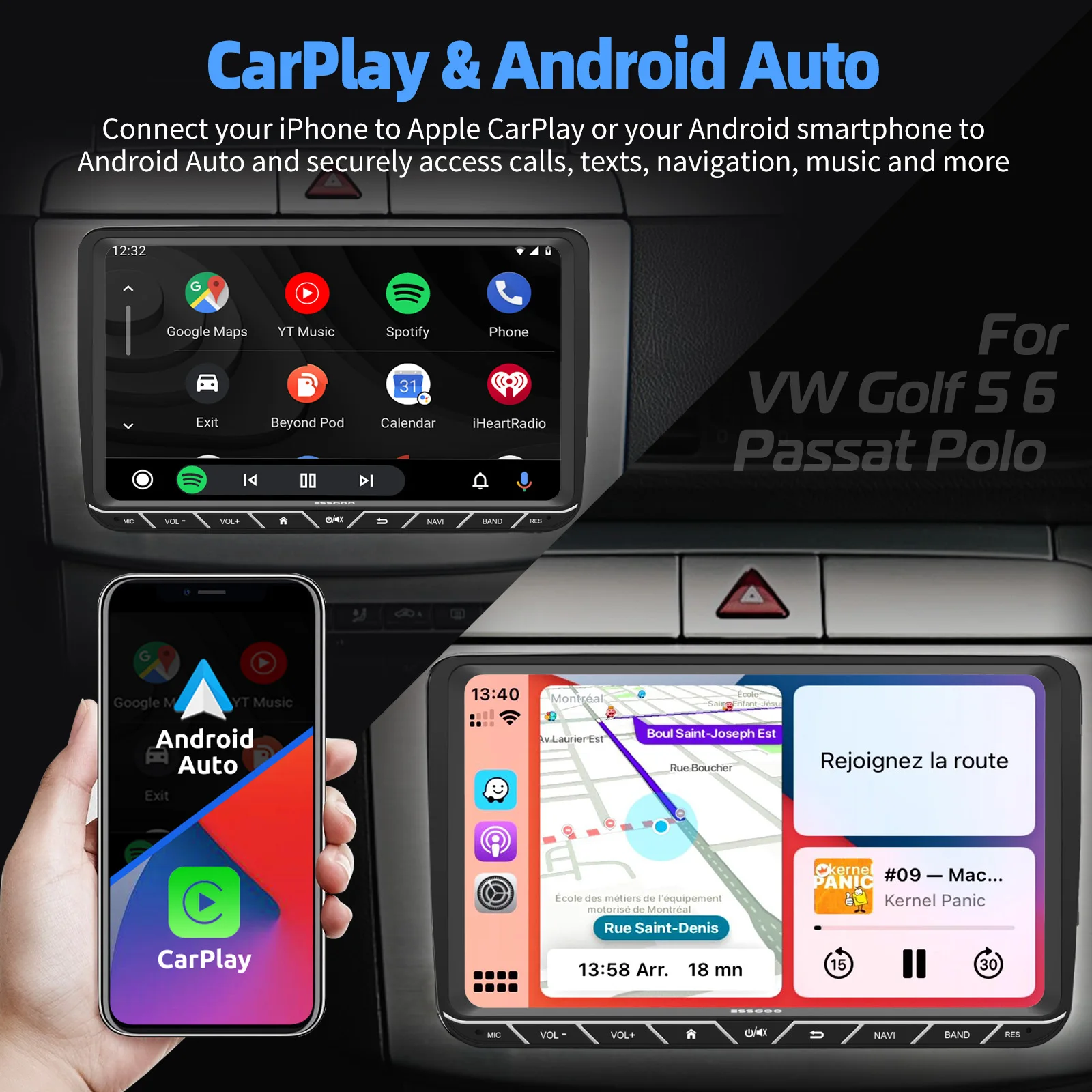 ESSGOO Autoradio Android15 9" 4+64 GB Bluetooth für VW Tiguan T5 Passat B6 B7 Golf 5 6 Touran Polo Caddy EOS Jetta 6R CarPlay GPS Navigation RDS WiFi Lenkradsteuerung Mirror Link Touchscreen Wireless CarPlay Android Au – Detail 11