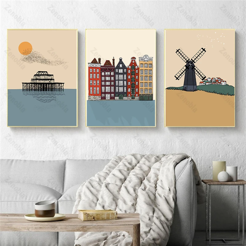 

Europe Travel Poster Amsterdam Wall Art Print Nordic Architecture Canvas Painting Windmill Modern Hd Pictures for Bedroom Decor