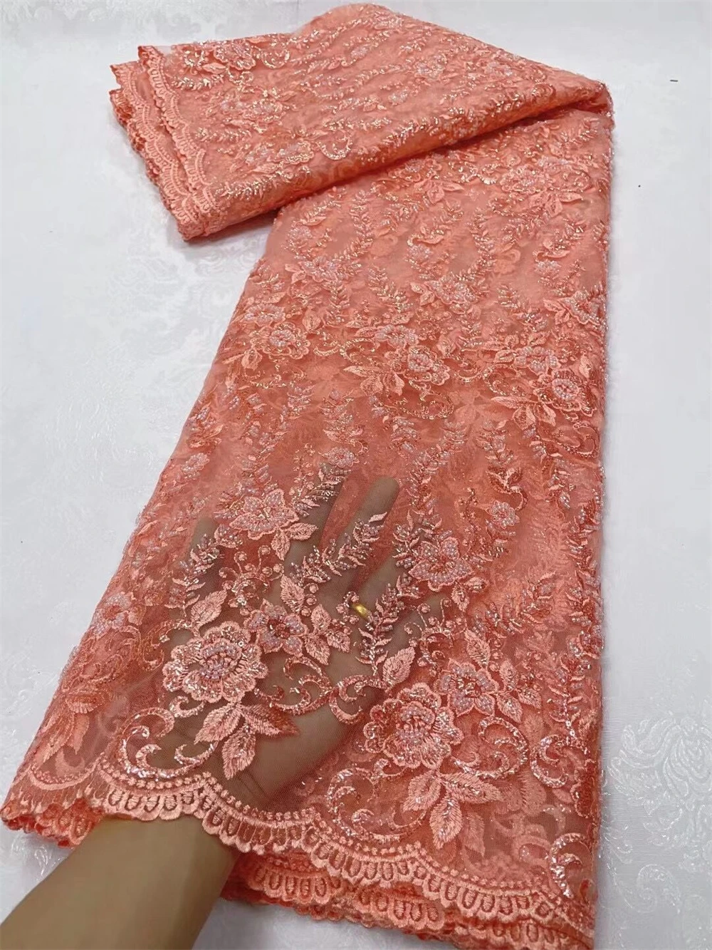 

African 2023 Luxury High Quality White Heavy Beaded Lace Embroidery Sequins Nigerian Mesh Fabric For Sewing Clothes 5yards