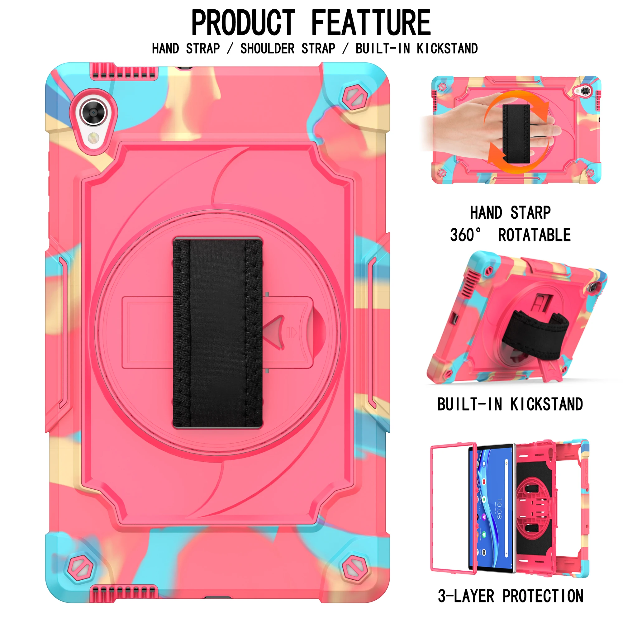 Heavy Duty Shockproof Tablet Case with 360° Rotatable Kickstand, Hand Strap, and Shoulder Strap