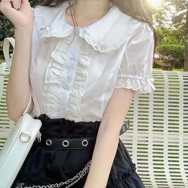 2024 New Blouses White Women Cute Lace Tops Ruffle Shirts Vintage Puff Sleeve Japanese Preppy Style Sweet Tops