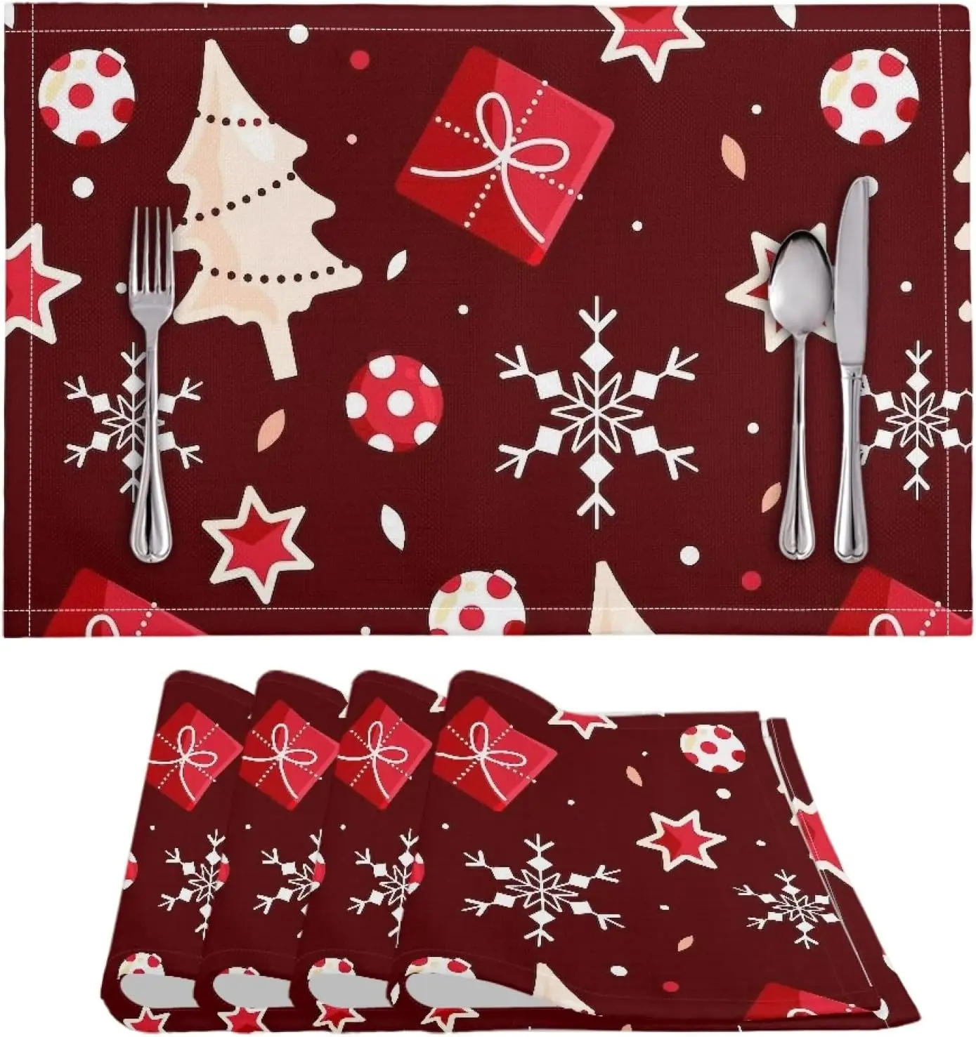 

Red Christmas Placemats Set of 4 Cute Tree Gift Washable Table Mats for Dining Party Red Festival Decoration Non-Slip Red Table