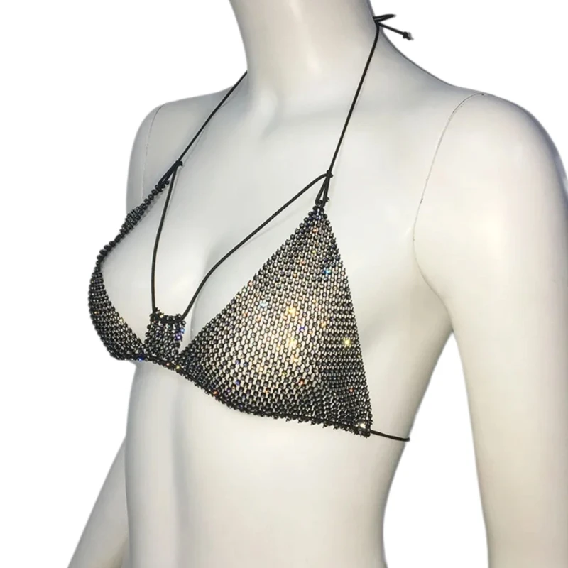 

Women Sexy Rhinestones Mesh Bras Hollowed Halter V Neck Backless Camisole Body Jewelry for Nightclub Party Dropship