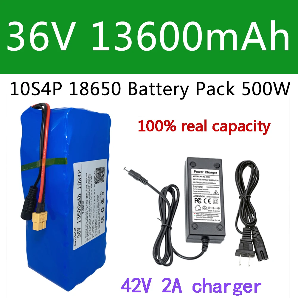 

36V Battery13600mAh 10S4P XT60 18650 Lithium ion Battery Pack 13.6Ah For 42V E-bike Electric bicycle Scooter with BMS 2A Charger