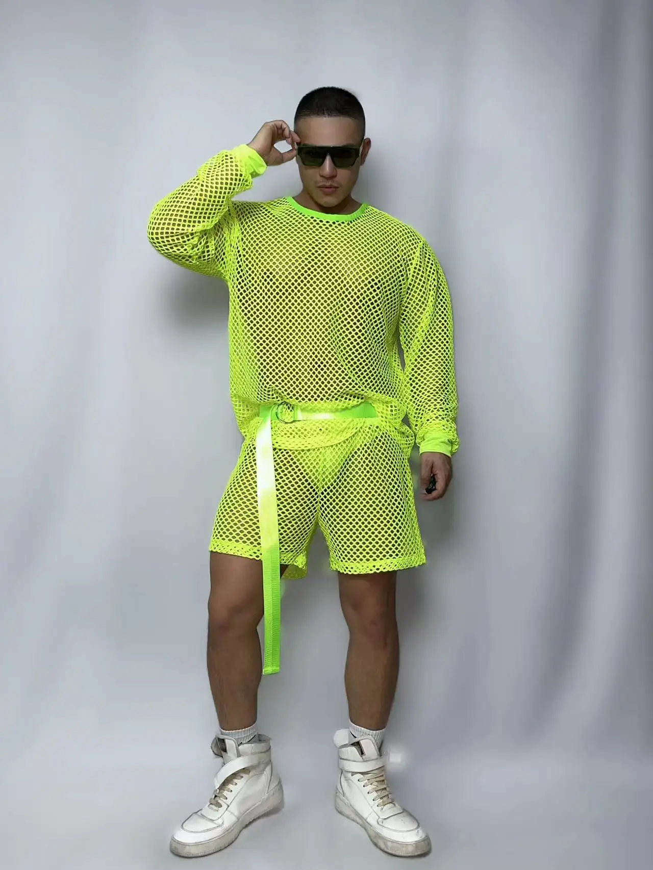 

Sexy Gogo Dance Costume Male Fluorescent Green Jazz Hip Hop Dance Outfit Nightclub Hollow Out Rave Performance Clothes