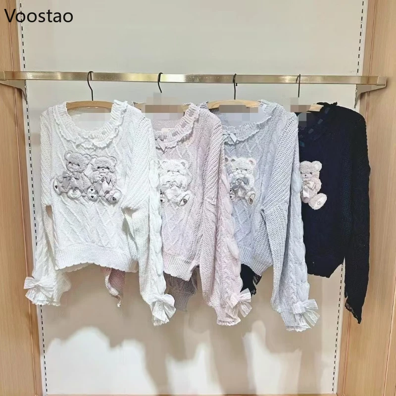Vintage Sweet Lolita Style Knitted Pullover Girls Cute Plush Cartoon Bear Embroidery Bow Sweater Women Harajuku Knitwear Tops 6