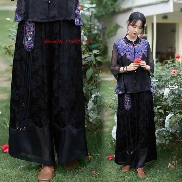 chinese vintage flower embroidered pants traditional satin jacquard mesh trousers national elastic waist wide leg pants