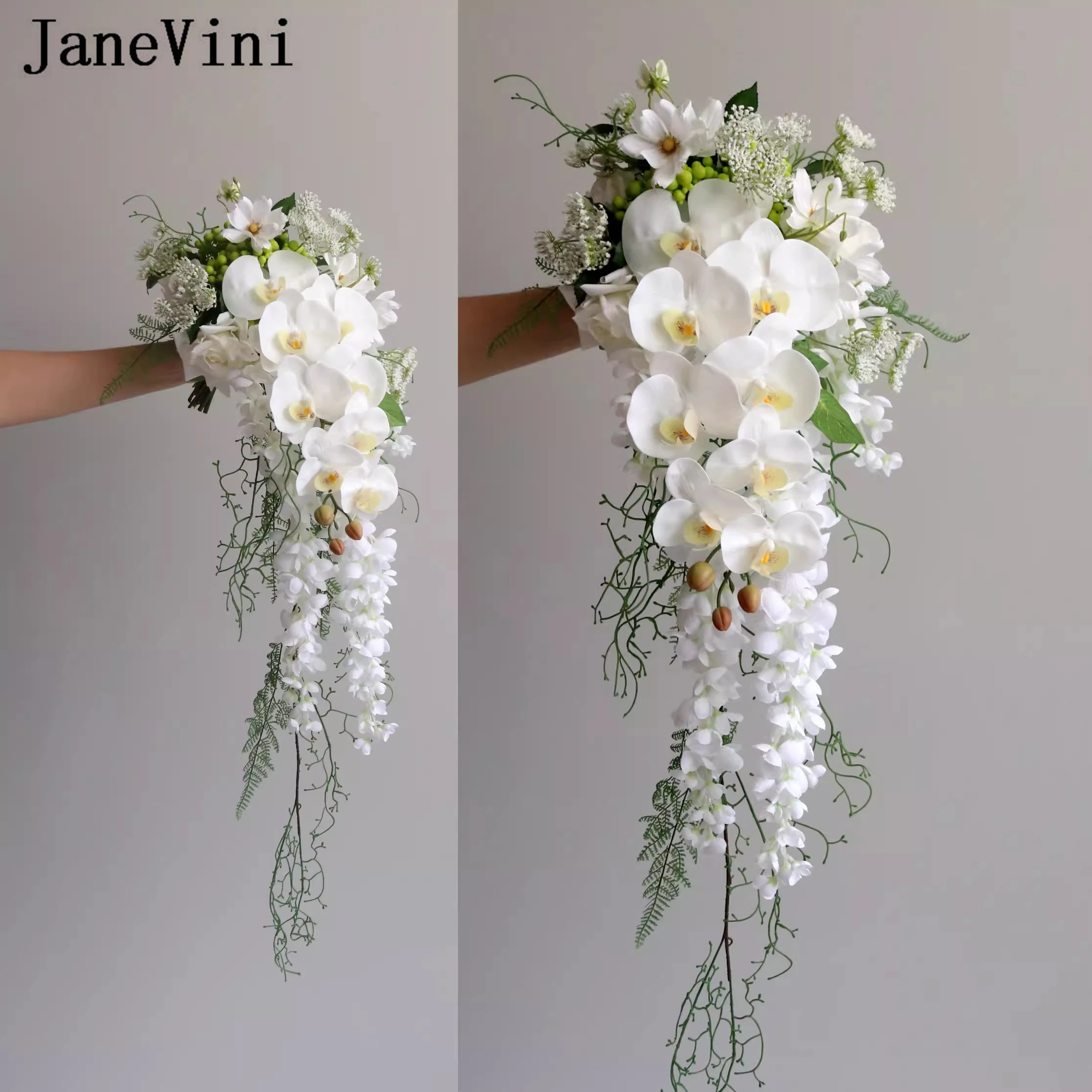 JaneVini Artificial White Moth Orchid Waterfall Bridal Boquet Flowers Wedding Accessories Bride Flower Bouquet Ramos De Boda