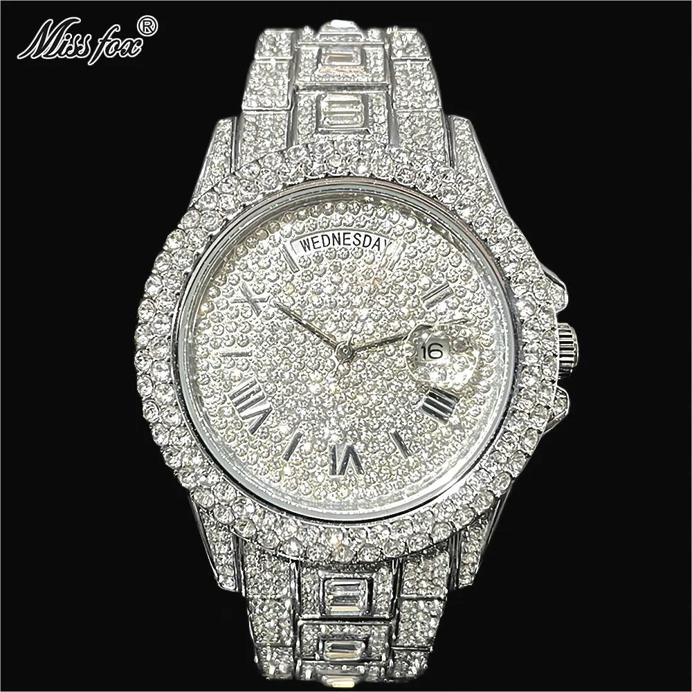 MISSFOX Guldklocka för män Mode Hip Hop Iced Diamond Automatisk kalendervecka Vattentät Quartz Armbandsur Man Reloj_voghion.com