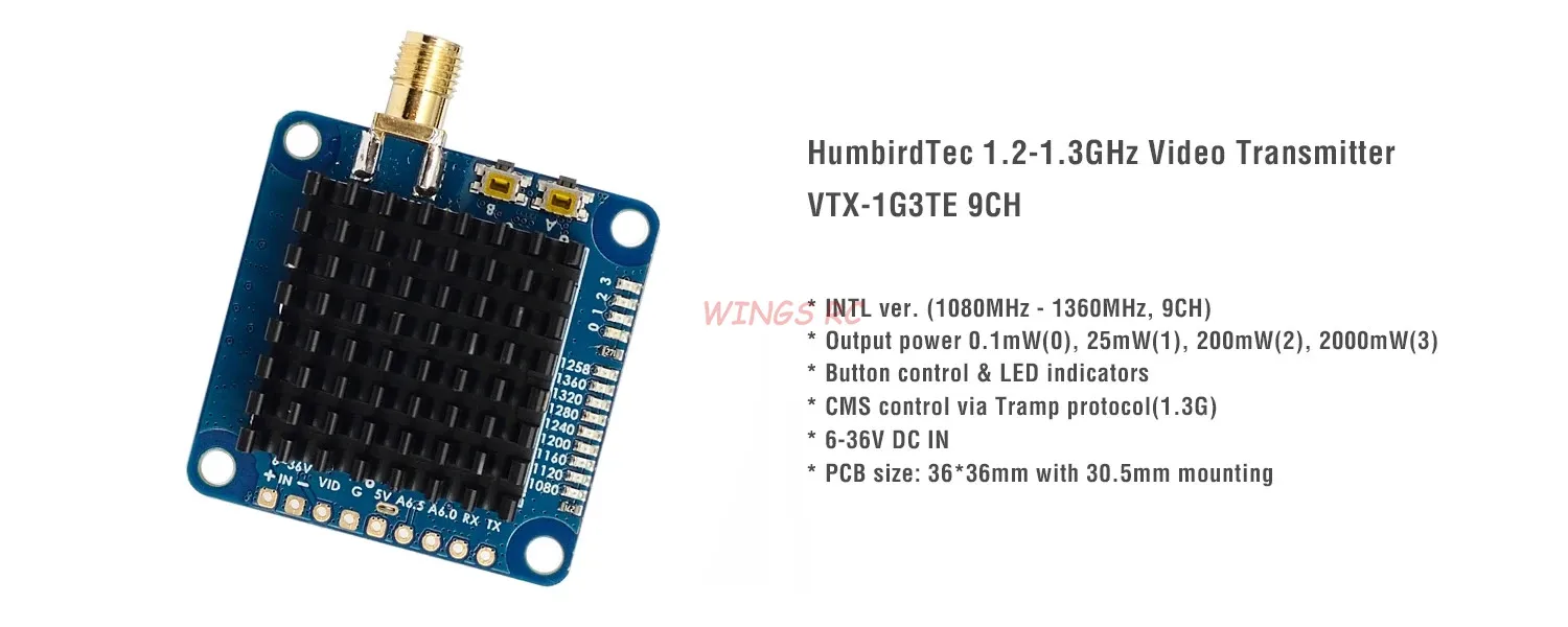 Émetteur vidéo VTX-1G3TE 1.3GHz 2000mW pour drone FPV posé sur une surface, illustrant sa taille réduite de 16g