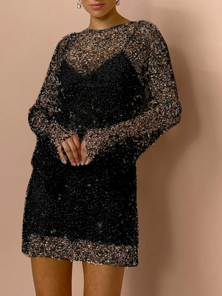 Bornladies Women's Mesh Camisole Dress Two Piece Set Fashionable Ladies Chic Sexy Bubble Bead Perspective Long Sleeve Dress Set