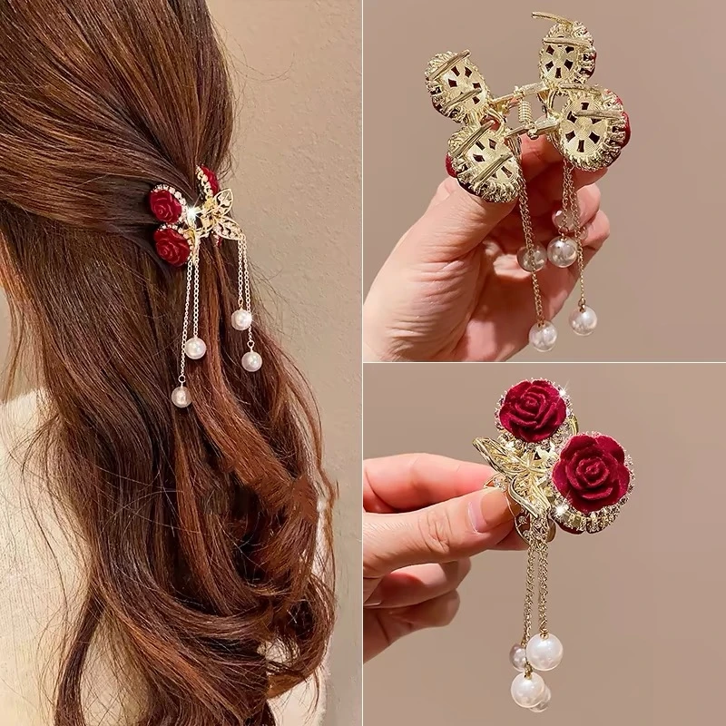 

1pc Cherry tassel grab clip High ponytail fixator Hair clip Women's rhine-drill back head clip Hair clip