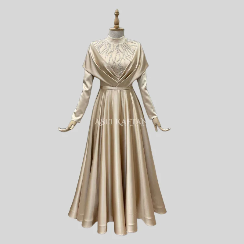 

Moroccan Kaftan Muslim Evening Dresses A-line Long Sleeves Appliques Pearls Dubai Arabic Turkey Abaya Islamic Evening Gown