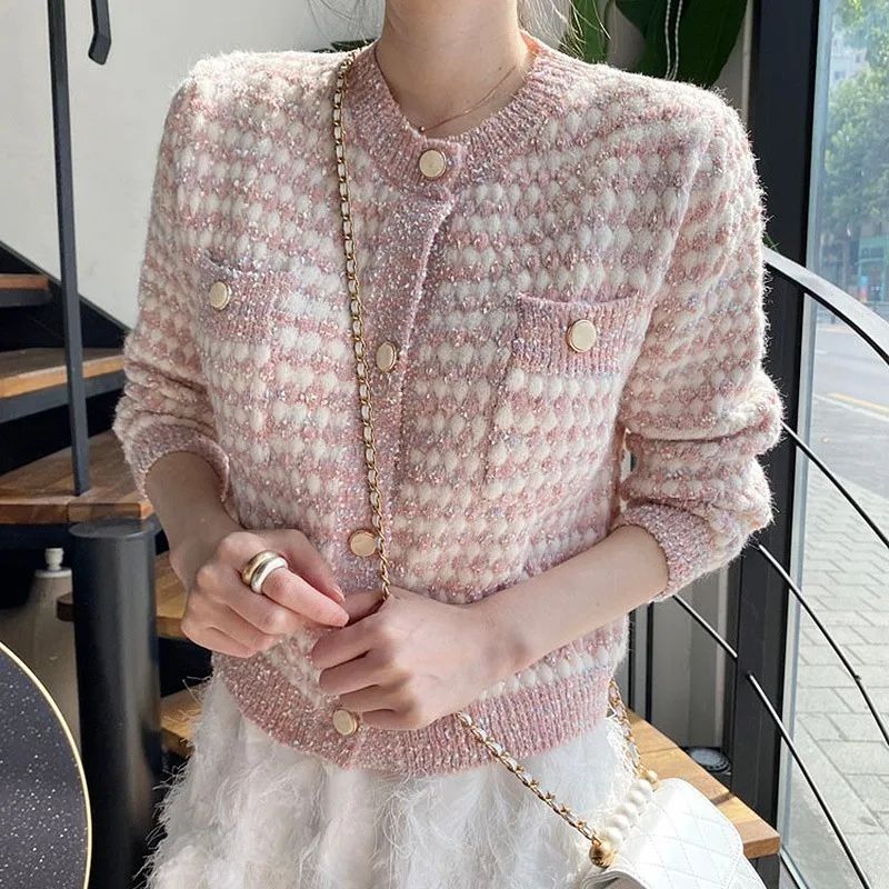 

Chic Panelled Patchwork Sweater Women 2021 Autumn Exquisite Button Coat All-match O-neck Double Pockets Cardigan Y2k Aesthetic