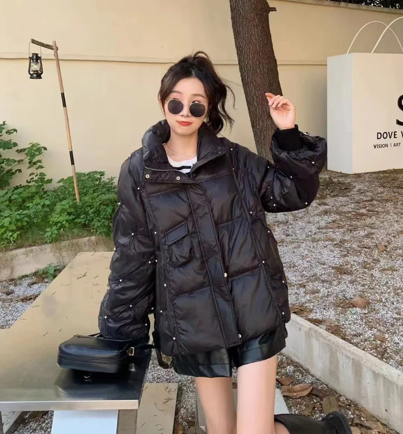 New Rhinestone Beaded Waist Cotton Clothes Women's Winter 2022 Mid-length Thickened Parka Women's Warm Jacket