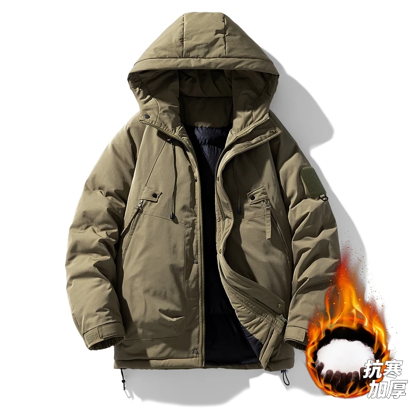 Men's Winter Tooling Outdoor Hooded Large Pocket Jacket Parkas Unisex Cotton-Padded Jacket Thick Warm Solid Color Windbreaker