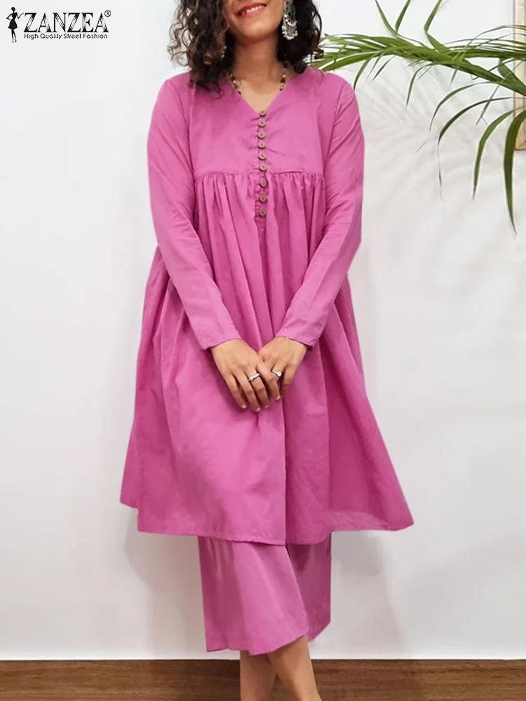 

Повседневный Свободный Летний Сарафан ZANZEA, Женские однотонные модные платья до колена с V-образным вырезом, платья на пуговицах, плиссированные халаты в стиле ретро с 2024 прострочкой