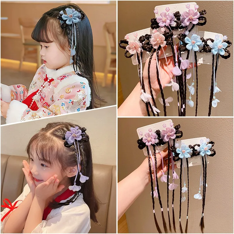 

1Pair Acrylic Lace Flower Hairpins with Wig Fashion Girl Tassels Ribbons Hair Clips Pins Children Cosplay Headwear Hair Accessor