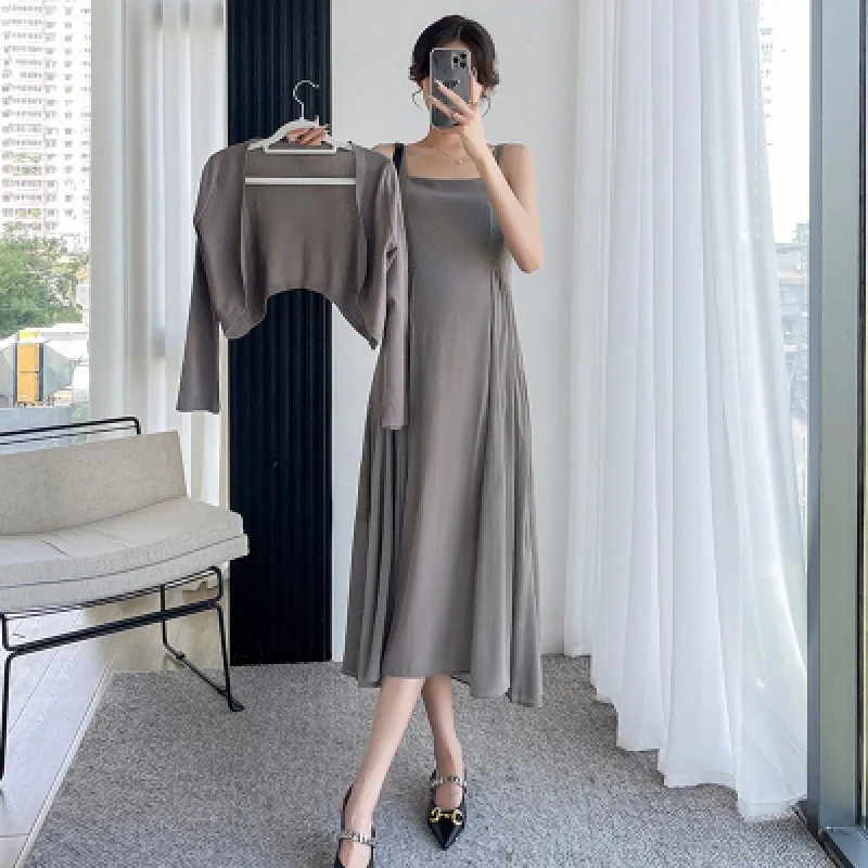 

Autumn Pregnant Women's Clothes Sets Black Long Sleeve Cardigans Strap Dress Twinset Elegant Plus Size Maternity Dresses Suits