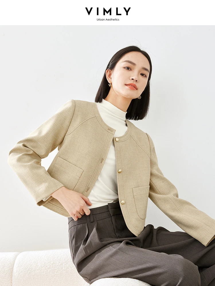 Vimly Elegant Cropped Jackets for Women 2023 Autumn Winter Fashion Office Ladies Khaki Round Neck Female Short Coats M5006 vimly professional blazers suit jacket for women office ladies 2023 female three quarter sleeve solid business work blazers