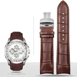 Luxury Calfskin Leather Watch Band with Stainless Steel Butterfly Clasp - Curved End, Available in Multiple Sizes - 24mm (Brown Silver)