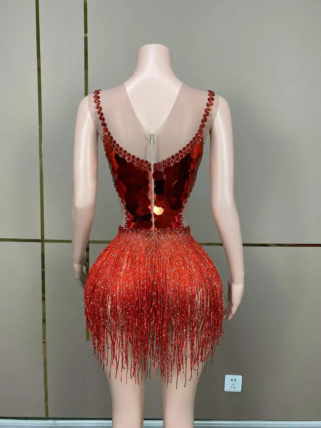 Fringe Sequins Shinning Bodysuits For Women Red Sleeveless Dance Nightclub Stage Wear Drag Queen Outfit Mesh See Thru Costume