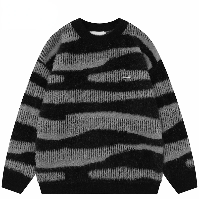 

2023 Men Streetwear Zebra Striped Sweater Furry Knitted Sweater Hip Hop Pullover Cotton Harajuku Sweater Soft Y2K Black
