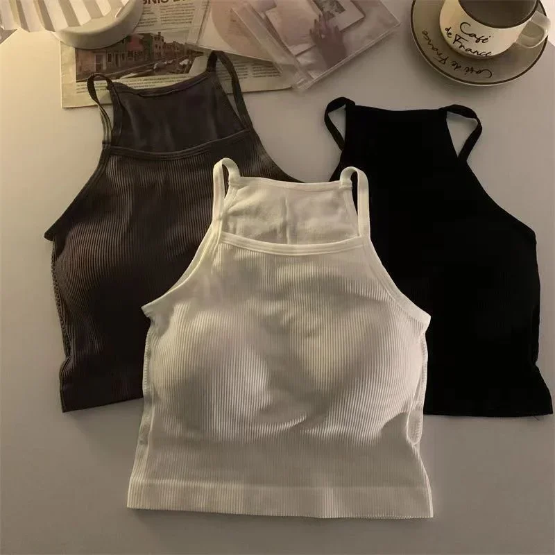 Korean Version Women Tank Tops Thread Solid Casual Fashion Crop Top Chest Pad Stripe Sleeveless Outer Wear Basic Camisole women tank tops