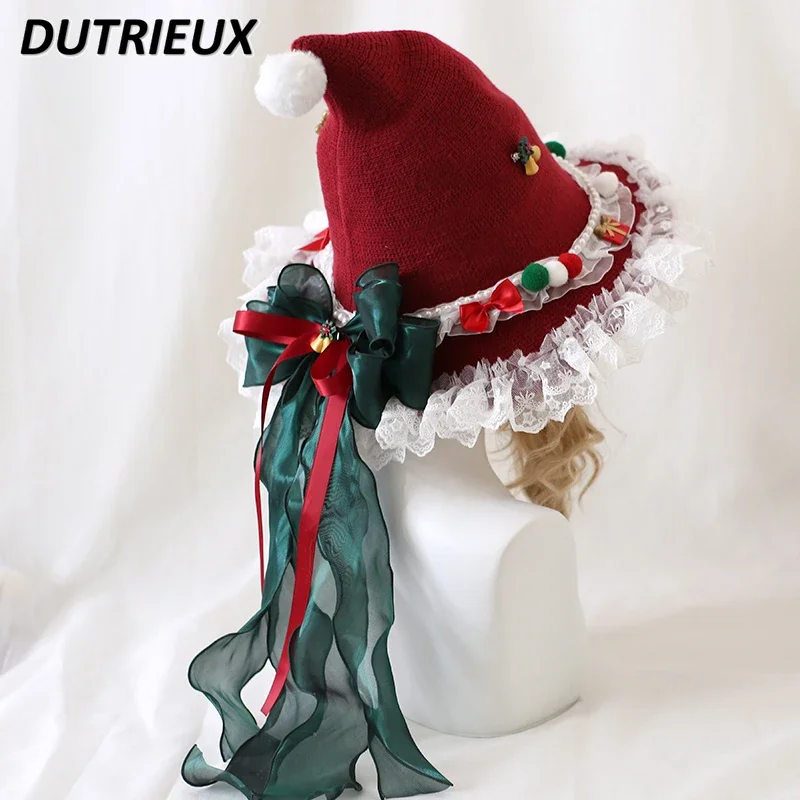 

Original Lolita Christma Bowknot Plush Lace Witch Hats for Women Lolita Girls Beret Hat Red Christmas Cap New Year Caps