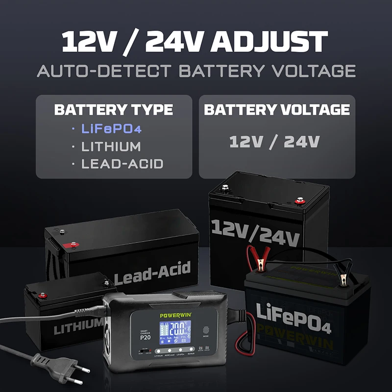 Smart Battery Charger battery charger 20A 12V20A 24V10A Automatic For LiFePO4 AGM Lithium Lead-Acid Pulse Repair LCD For BT100BT200