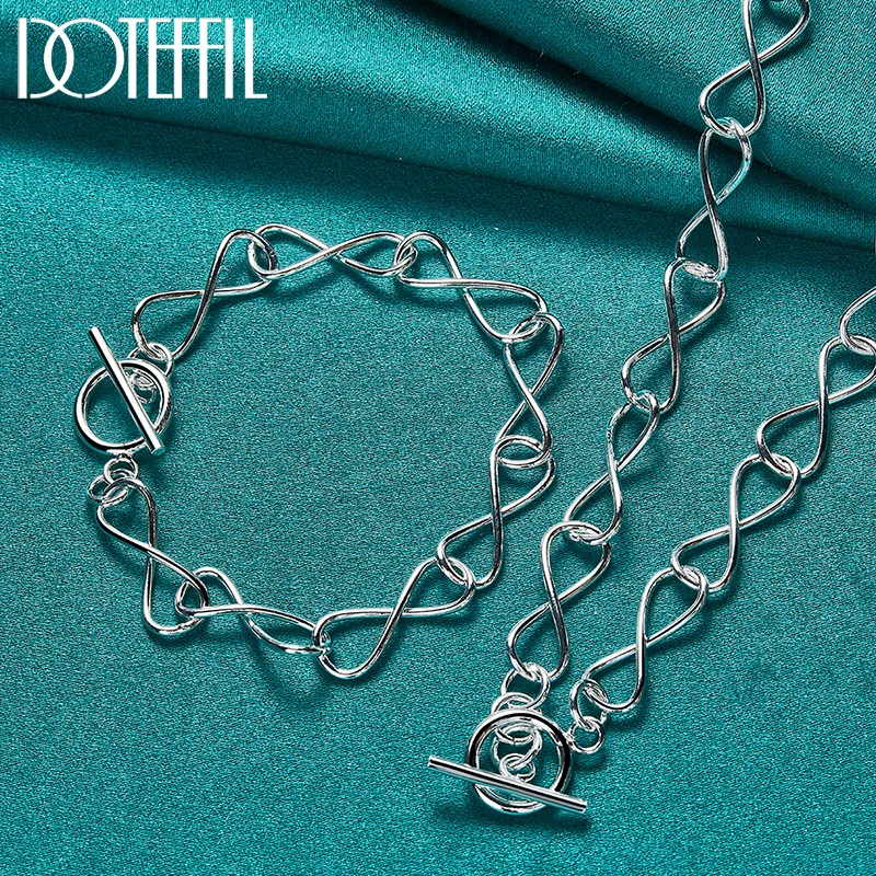 925 Sterling Silver Simple 8 Chain Necklace Bracelet Set 2pcs for Women Man Wedding Engagement Party Jewelry