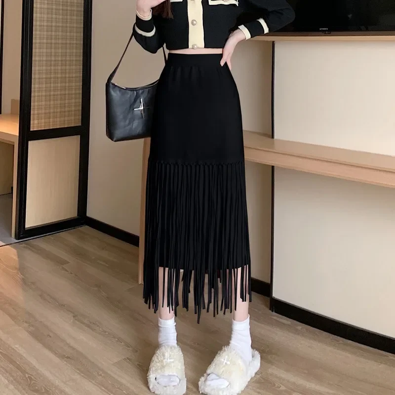 

Fashion Pleated Black Midi Length Mermaid Skirts for Women High Waist Autumn Winter Patchwork Tassel Wrap Skirt Korean Style