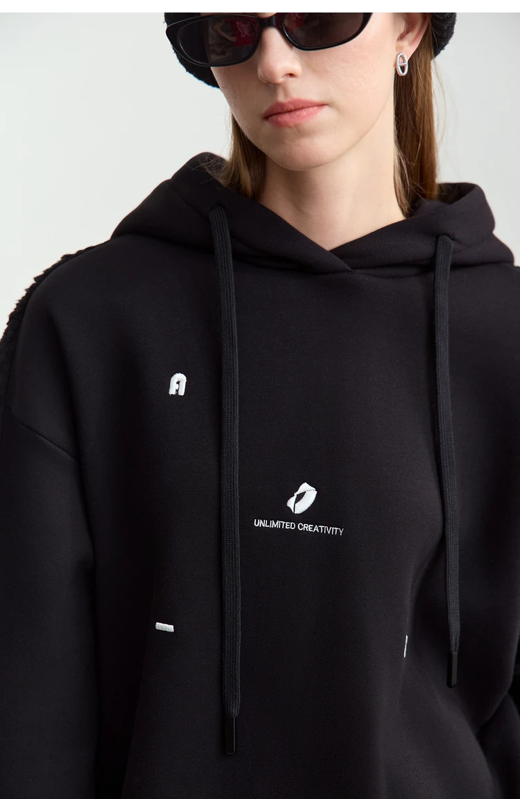 Amii Drawstring Hooded Splicing Imitation Lamb Wool Sweatshirt Embroidered 2024 Winter Women's Loose Thermal Tops 12444131