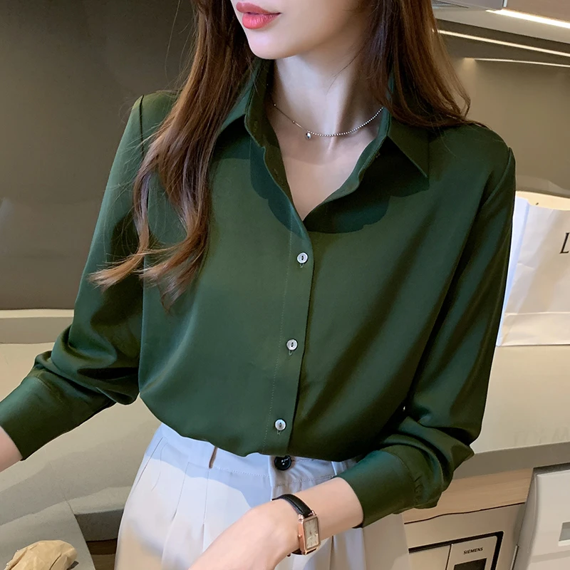 Blusa de satén de manga larga para mujer, camisa elegante para oficina, camisas de trabajo, verde, Tops mujer Blusas, 2022|Camisa| - AliExpress