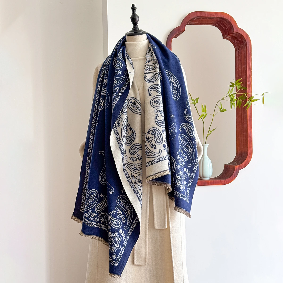 2025 Luxury Brand Cashmere Scarf for Women - Winter Geometric Printed Tasseled Shawl, Pashmina Wrap & Bandana Poncho