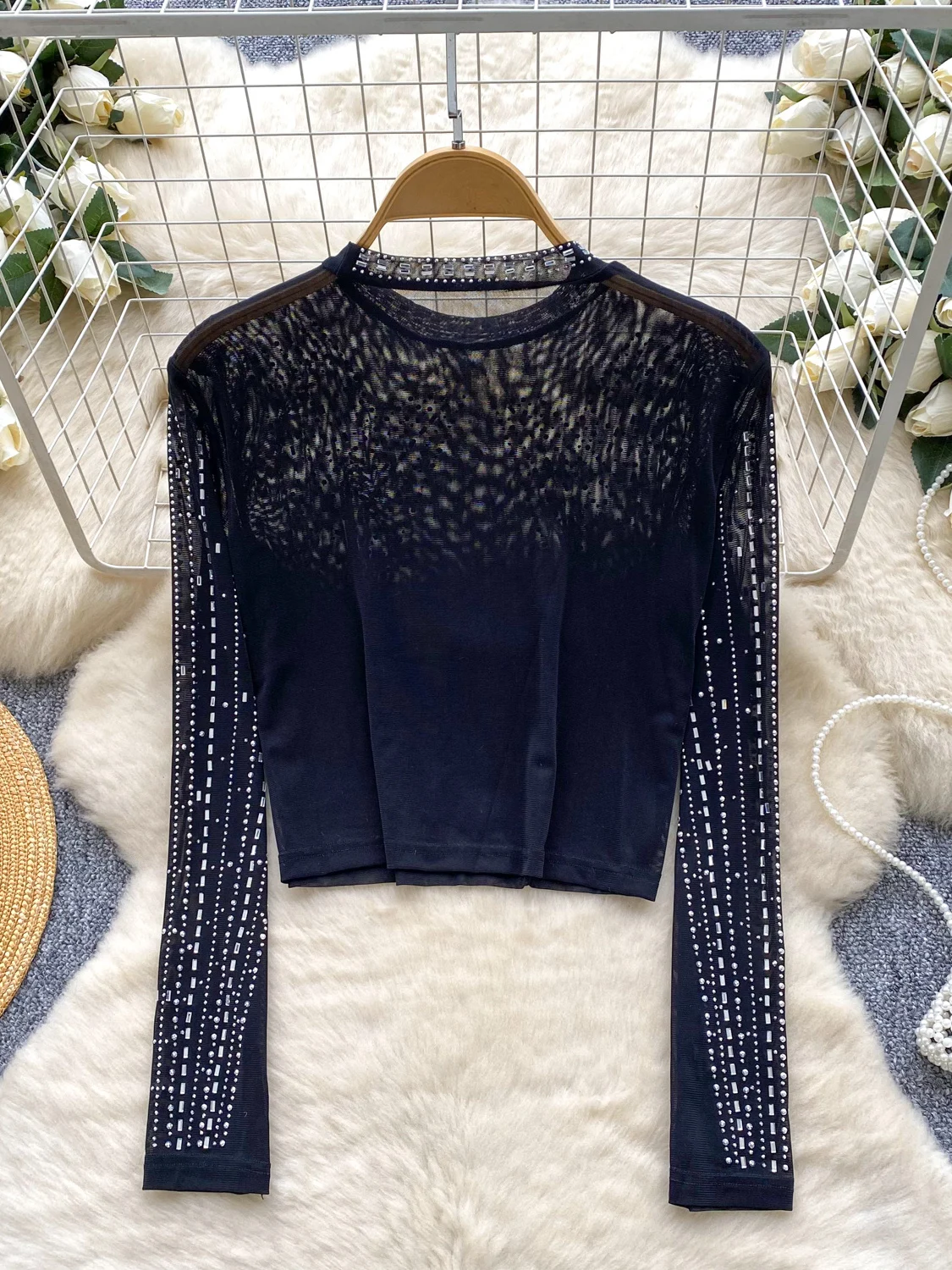 Slim Fit Long Sve T-irt Women's ort Sle Me Top Thin Summer Trendy round Ne Thermal Diamond Glitter Korean Sle