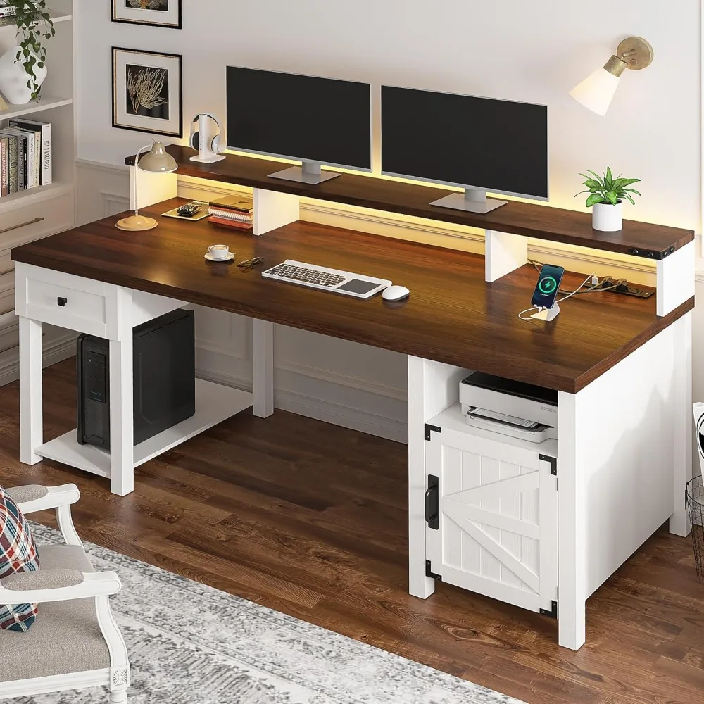 55" Computer Desk with Drawers, Power Outlets, Long Monitor Stand, Storage Cabinet Desks with Drawers, Computer Desk 3
