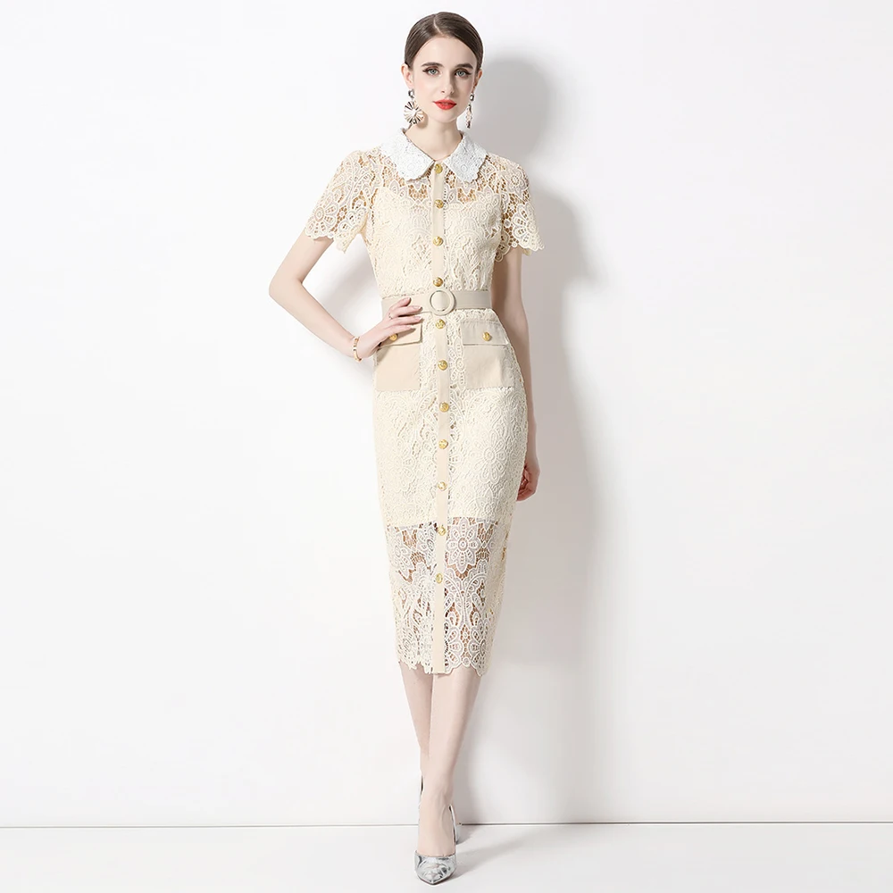 

Summer Fashion Runway Shor Sleeve Dress Women's Peter Pan Collar Flower Embroidery Vintage Elegant Dress vestido de mujer A6914