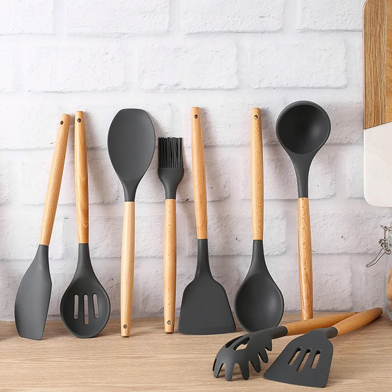 Kitchen Utensils 1Pcs Silicone Wood Handle Gray Spatula, Soup Spoon, Spatula, Spaghetti Noodle, Kitchen Cooking Tools, Kitchen Utensils Tableware