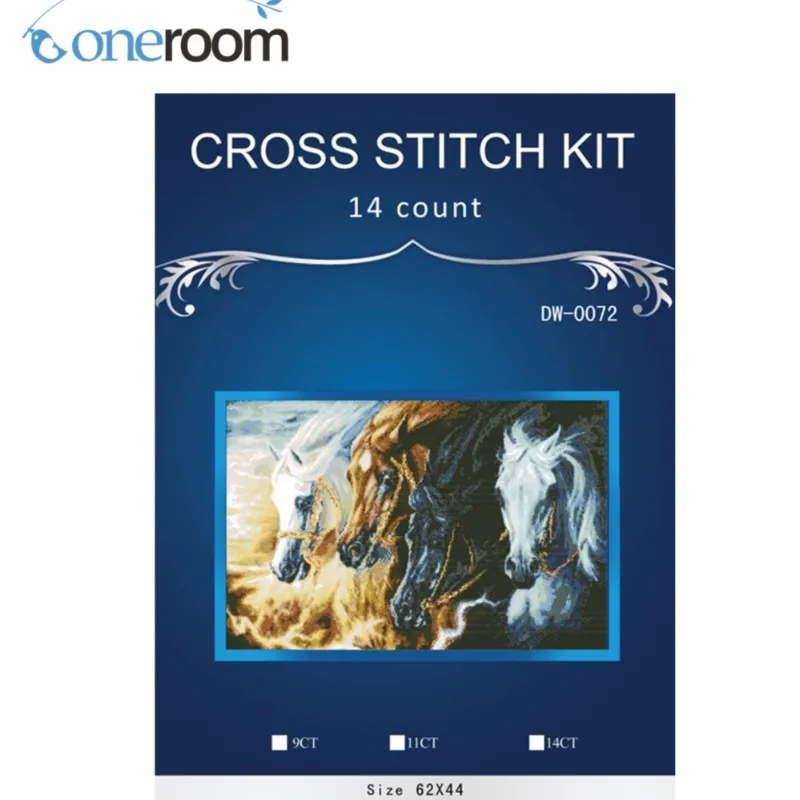 Four Horses Counted Cross Stitch Kit, Chinese Cotton Embroidery Needlework, DW-0072, DW-0072