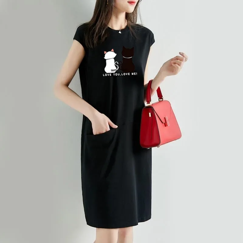 Women Summer Kawaii Cat Print Dress Korean Fashion Aesthetic Clothes Casual  Streetwear Black Loose Midi Dresses for Women 2023 - AliExpress 200000345