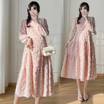 Good Quality Pregnant Woman Party Dress Pink Long Lantern Sleeve Elegant Maternity O-neck Chiffon Dress Pregnancy Wedding Dress