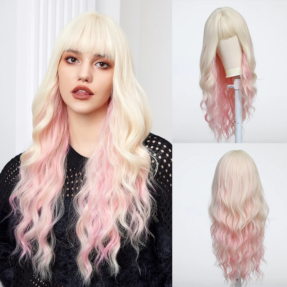 Long Synthetic Wigs with Bangs Mixed White Blonde and Pink Color Natural Hair Wig Soft Fiber Cosplay Daily Use for Girls