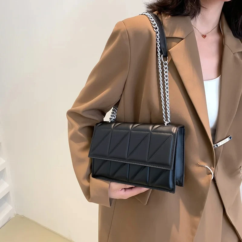 

2024 New Fashion Chain Strap Flap Shoulder Bag Ladies Handbags Plaid PU Leather Crossbody Bags For Women Casual Small Square Bag