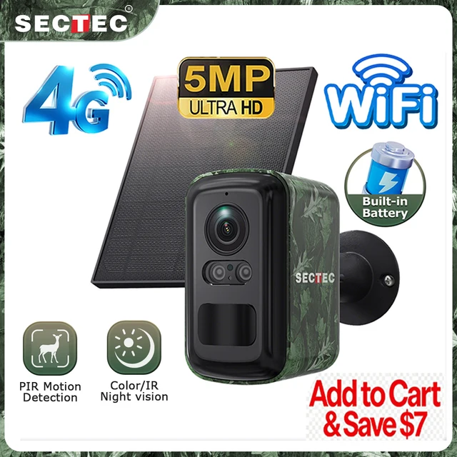 Caméra de surveillance extérieure Sectec 5MP Mini solaire 4G, couleur camouflage, WiFi, détection PIR, suivi automatique, application UBox 1
